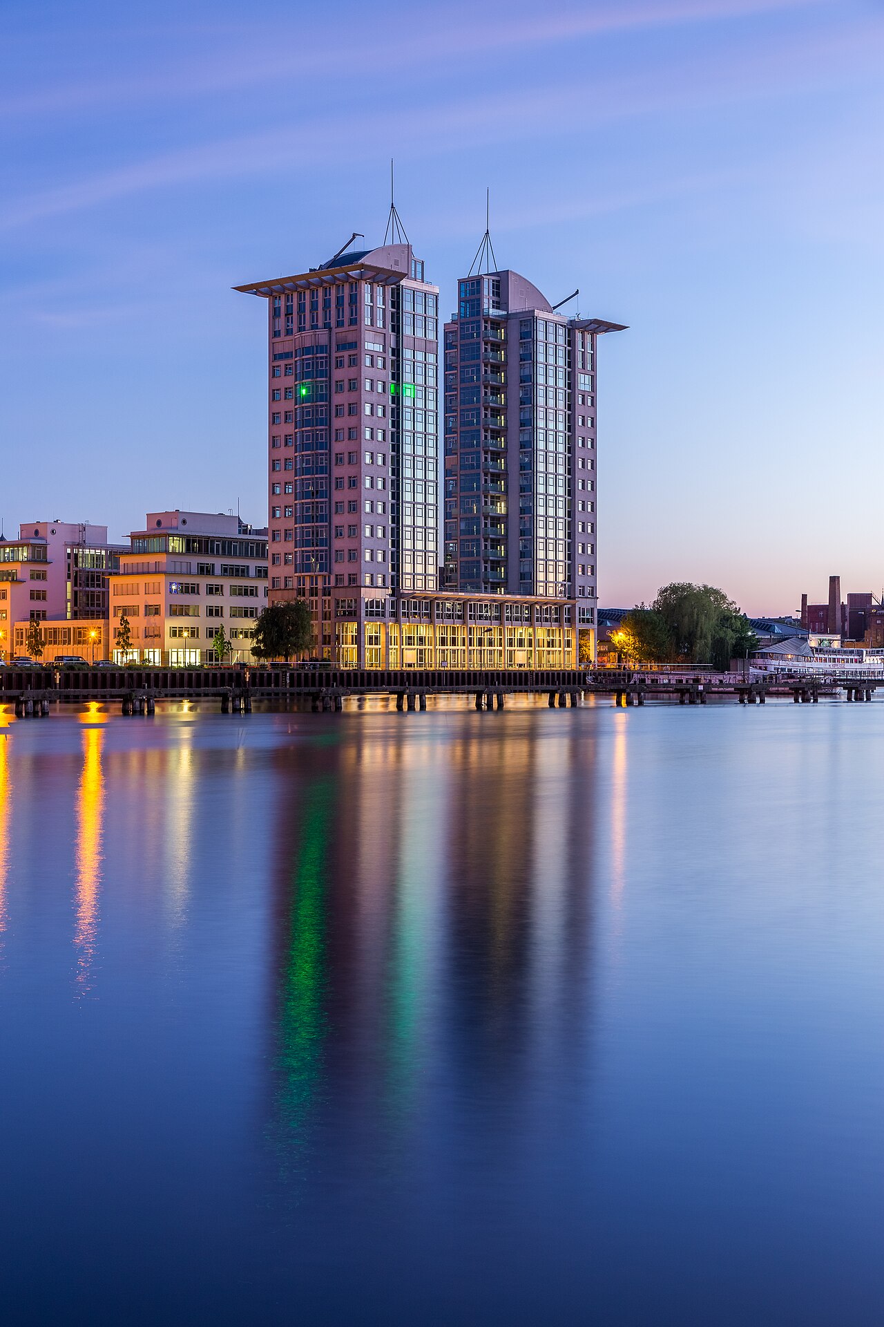 The TwinTowers (Fanny-Zobel-Strasse, Berlin-Treptow) as seen from the opposite side of the river Spree.